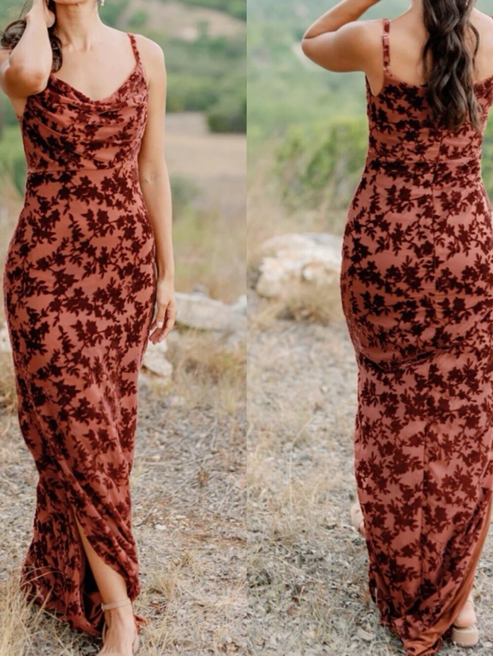 Revelry Skye Rust Floral Burnout Velvet Dress in Terracotta Sz 8 (Flaw)